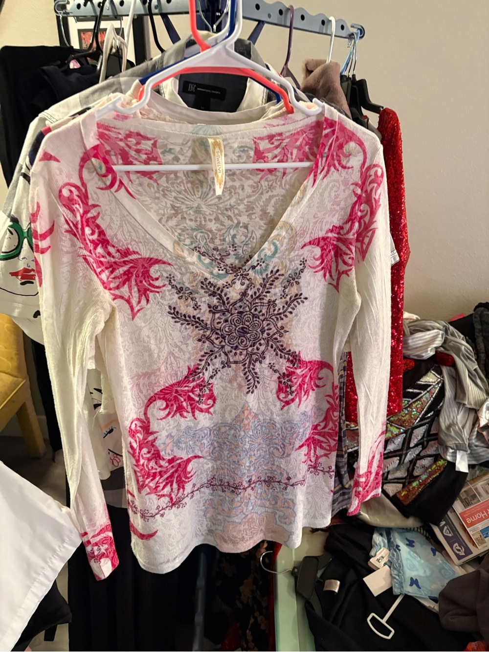 S-Twelve Cream Long Sleeve V-Neck Top with Pink and Purple Print